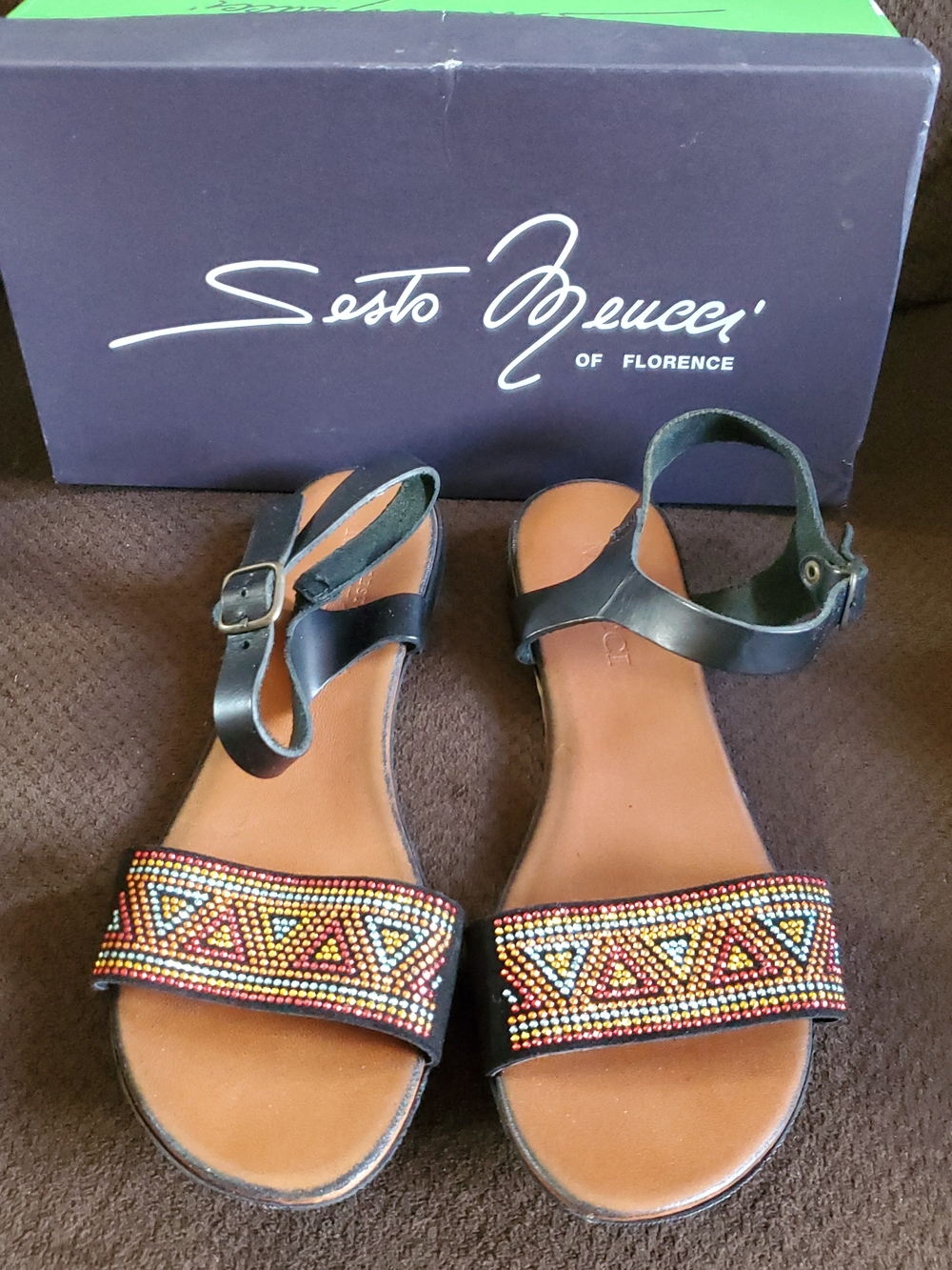 Sesto Meucci Black Leather Beaded Tribal-Pattern Sandals Size 8